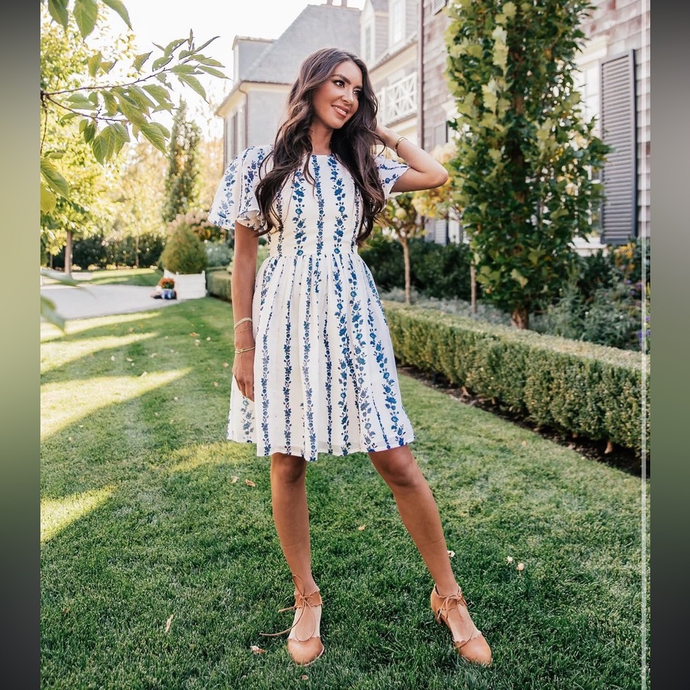 NEW JessaKae x The Fox Group Cara Short Sleeve Mini Dress Floral Blue Ivory XL